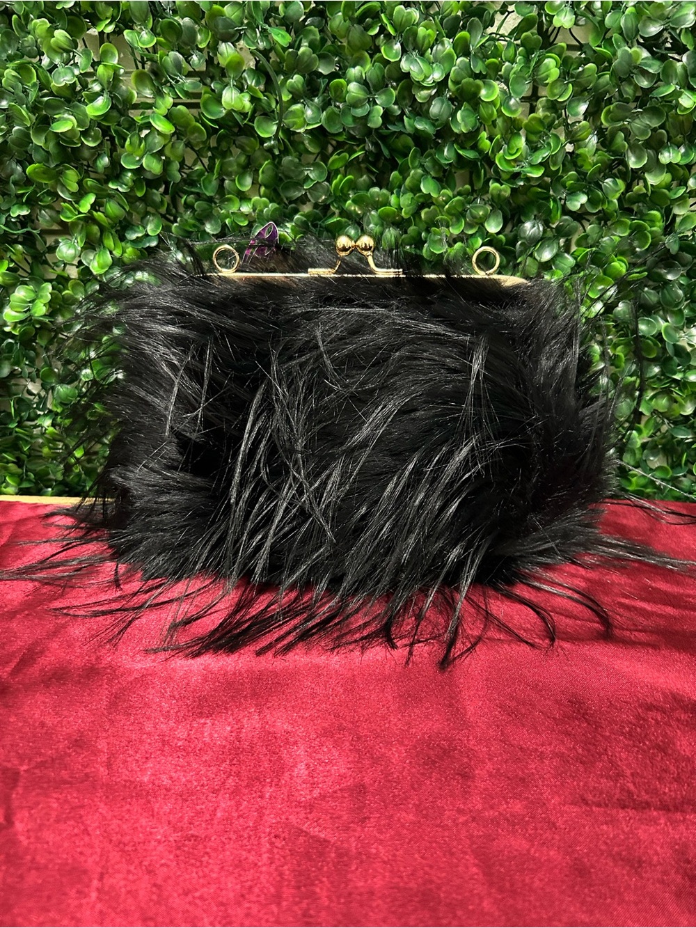 Black Faux Fur Clutch Purse w/ Gold Chain Strap Evening Bag Handbag